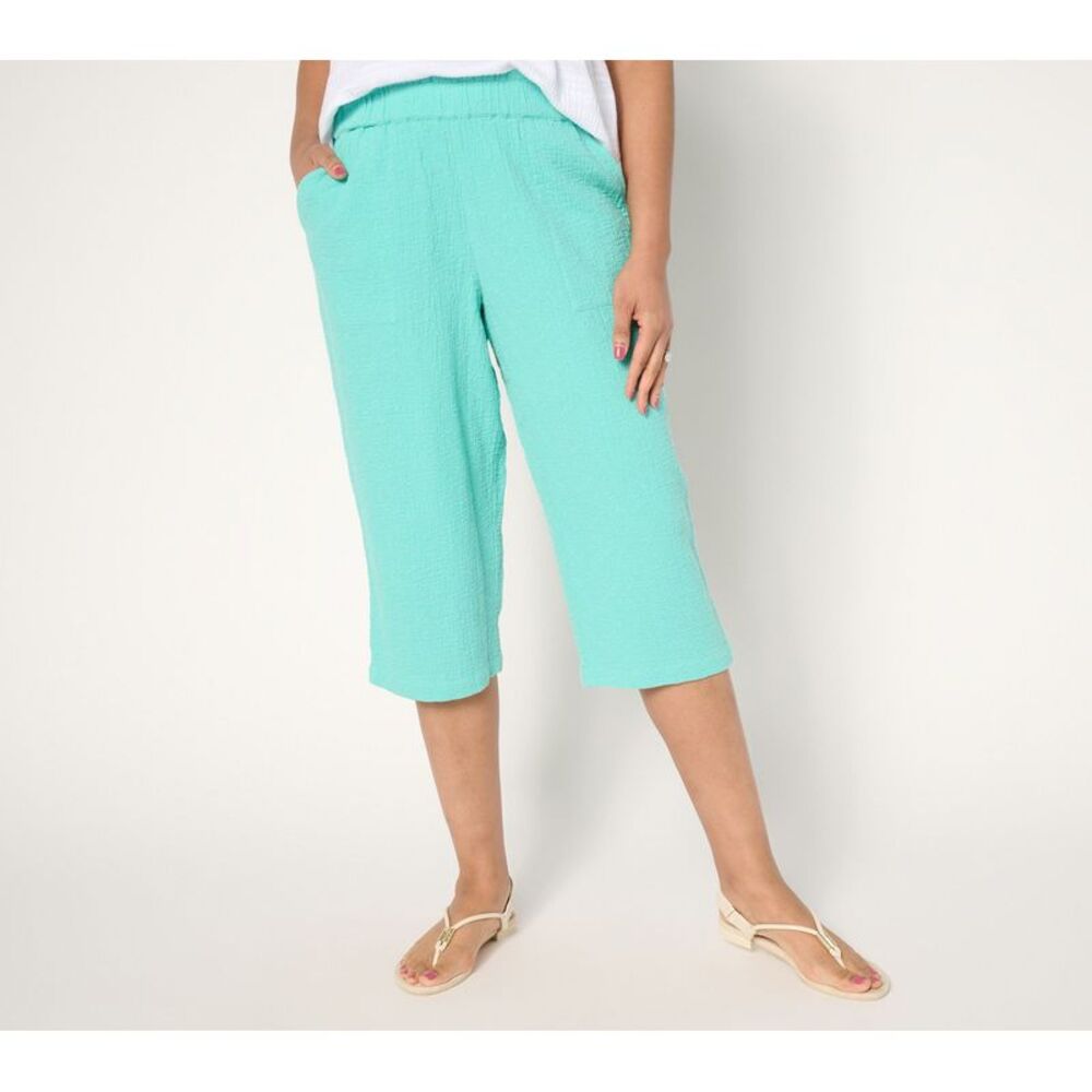 Denim & Co. Women's Plus Sz Pants 2X Beach Cotton Gauze Capri Pant Blue A689806